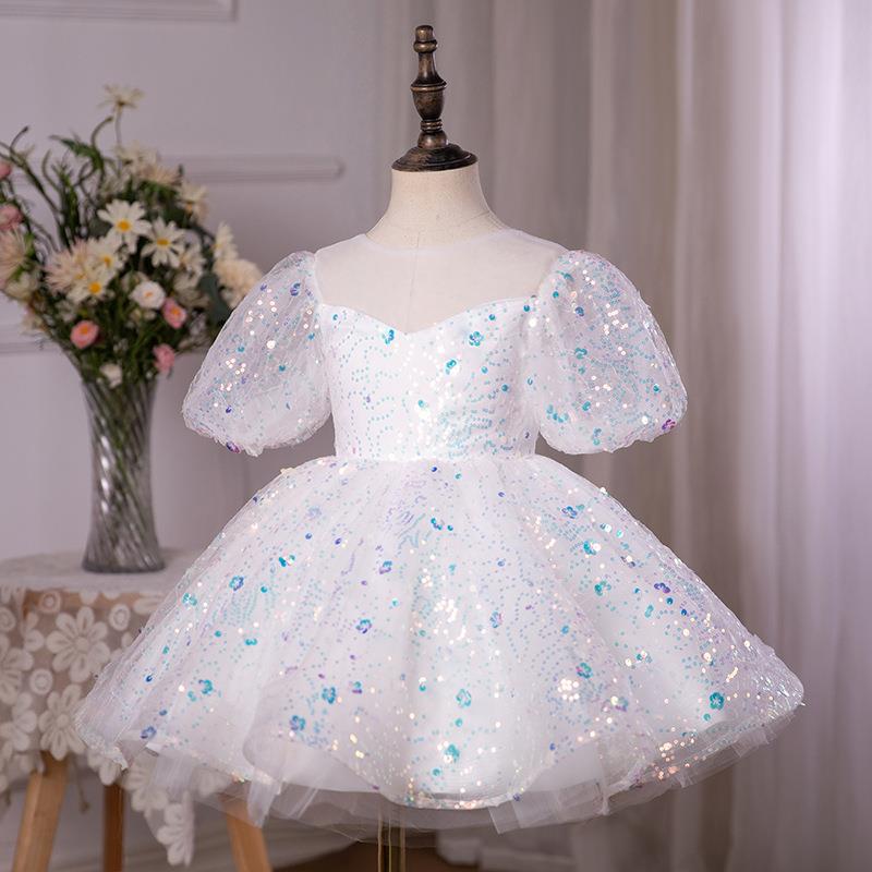 Sweet Baby Girls White Transparent Puffy Mesh Dress Toddler Christening Dress