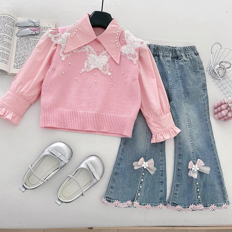 Girls' Knitted Vest Shirt and Jeans Three-Piece Set