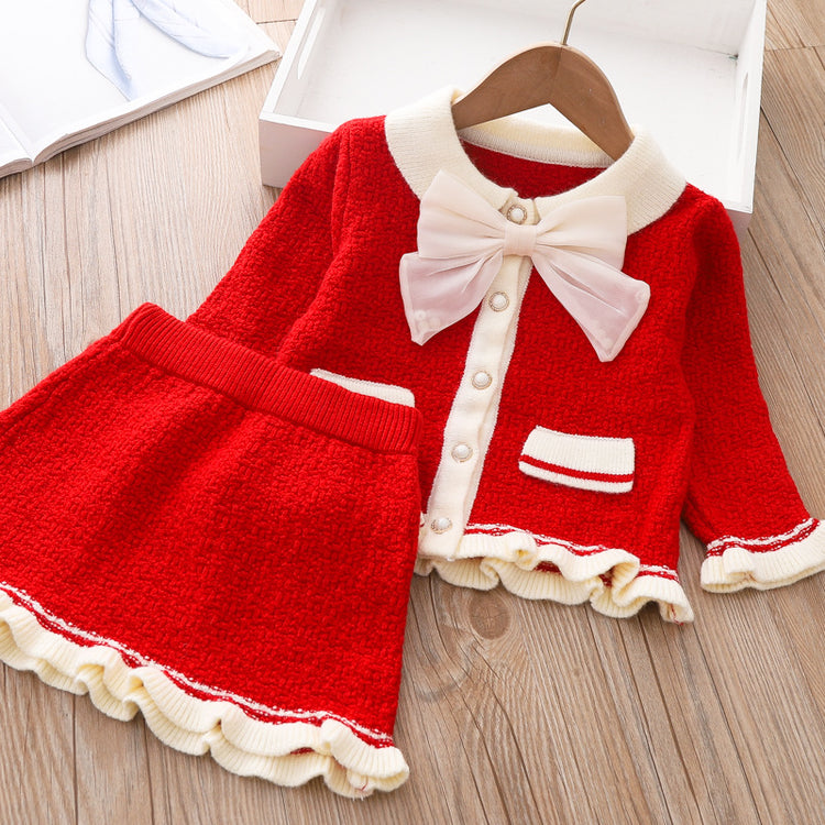 Cute Baby Girl Bow-knot Winter Dress Infant Knitted Sweater Two Piece Set Dress