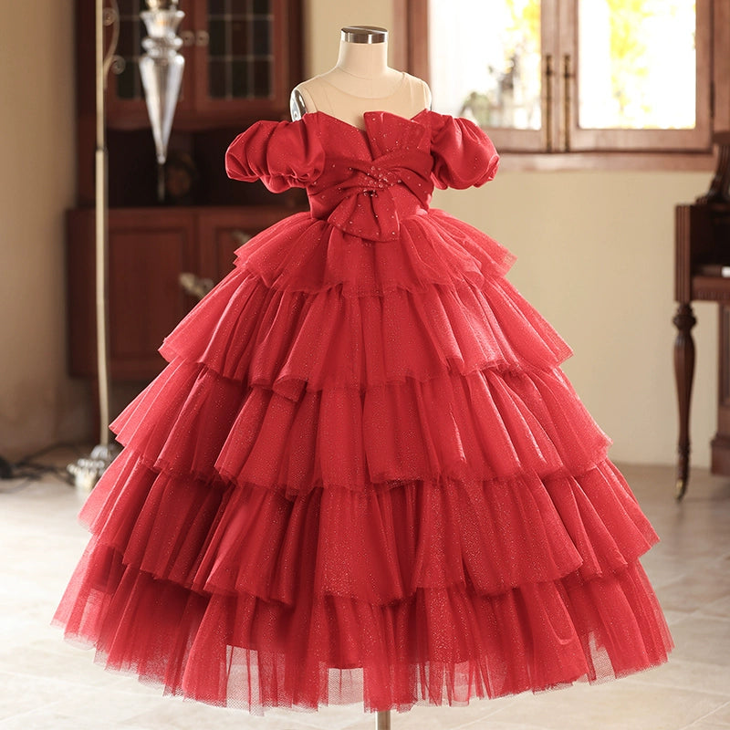 red puffy dress Girls Red Birthday Dress Children's Prom Princess Dress Girls Puffy Dress, Red / 5-6 Years (130cm)