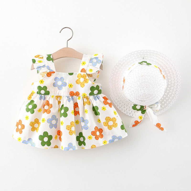 Summer New Girls Cotton Printed Flying Sleeve Dress