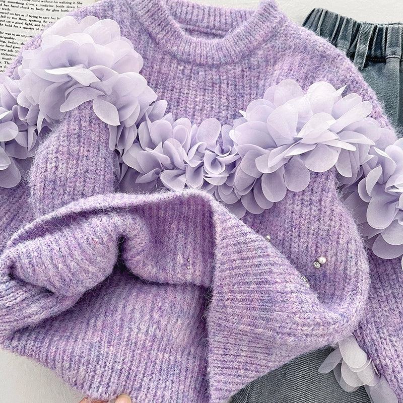 Girls' 3D Flower Beaded Sweater and Flared Jeans Two-Piece Set