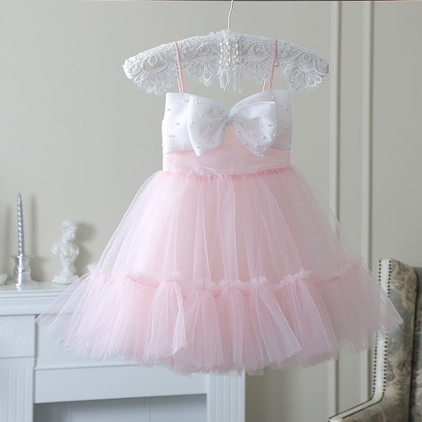 Sweet Baby Girls Pink Suspender Big Bow Gauze Skirt Toddler Girl Party Dresses