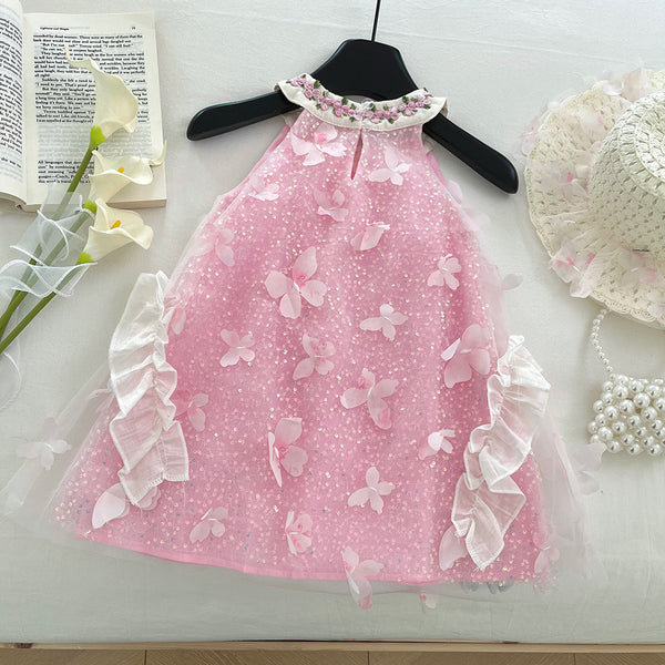 Girls Summer New Cute 3D Butterfly Lace Mesh Dress