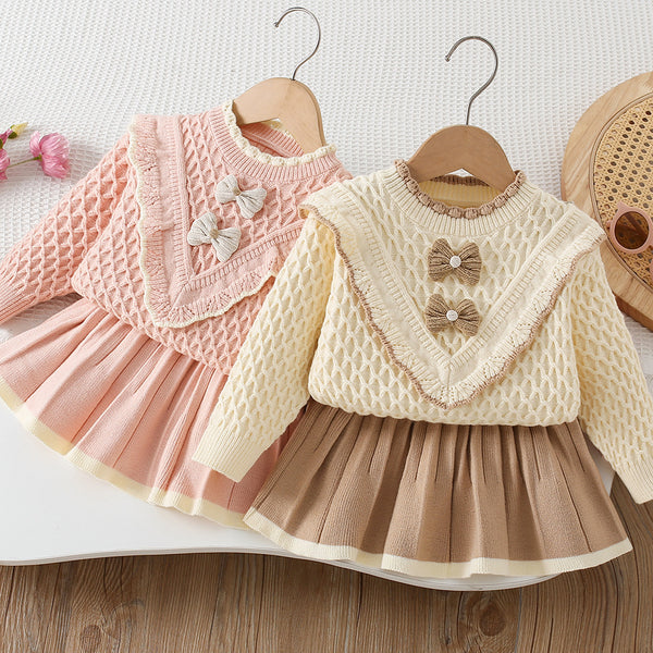 Girls' Wool Bow-knit Short Skirt Two-piece Set