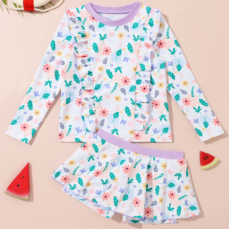Summer Long Sleeve Baby Girl Sun Protection Swimsuit Two Piece Set