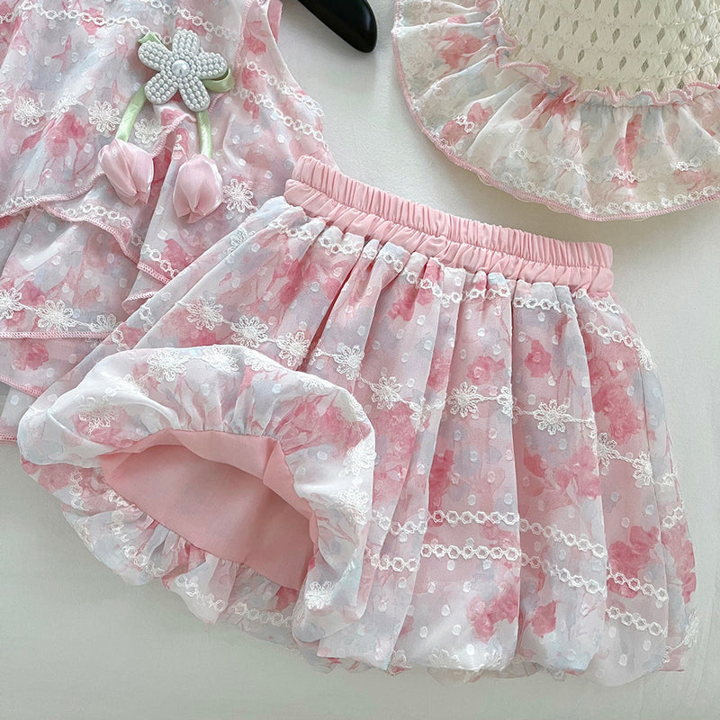 Summer Girls Sleeveless Vest Flower Bud Shorts Two-piece Set