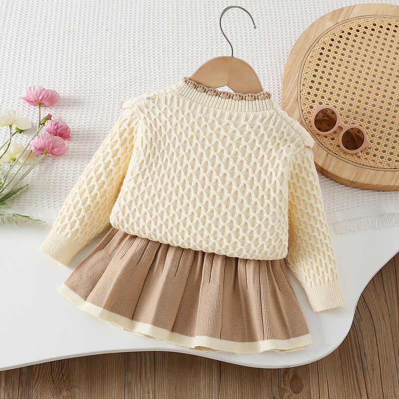 Girls' Wool Bow-knit Short Skirt Two-piece Set