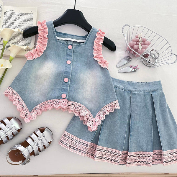 Girls' New Summer Lace Sleeveless Top Skirt Denim Two-piece Suit