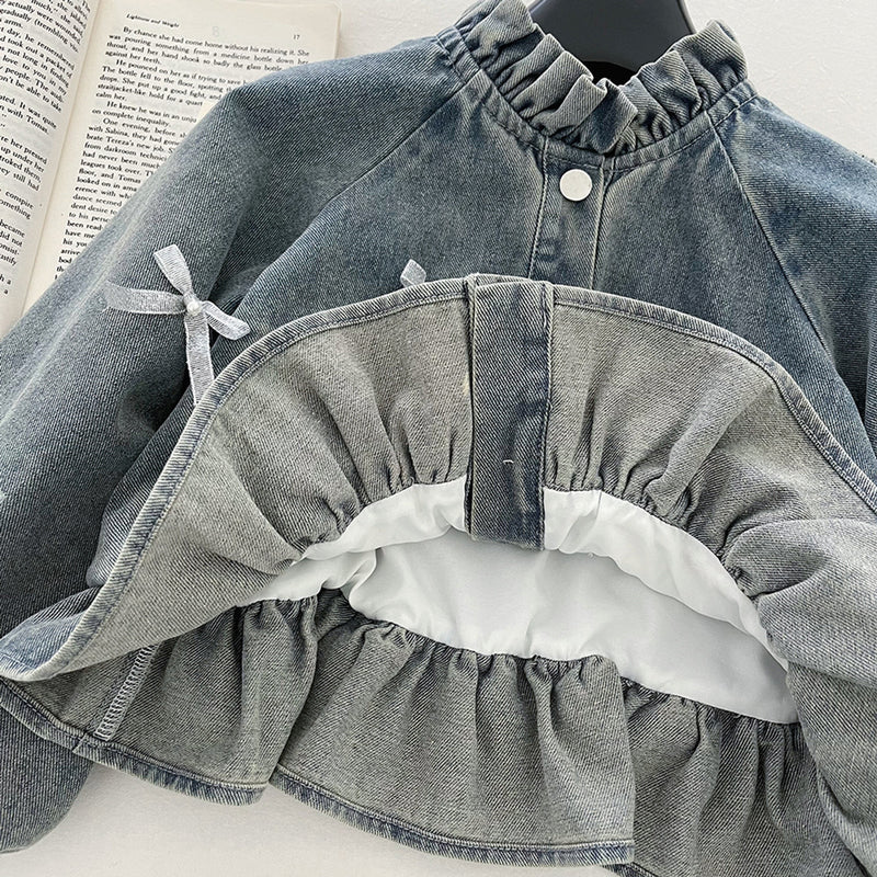 Girls' Denim Bow Beaded Jacket and Jeans Two-Piece Set