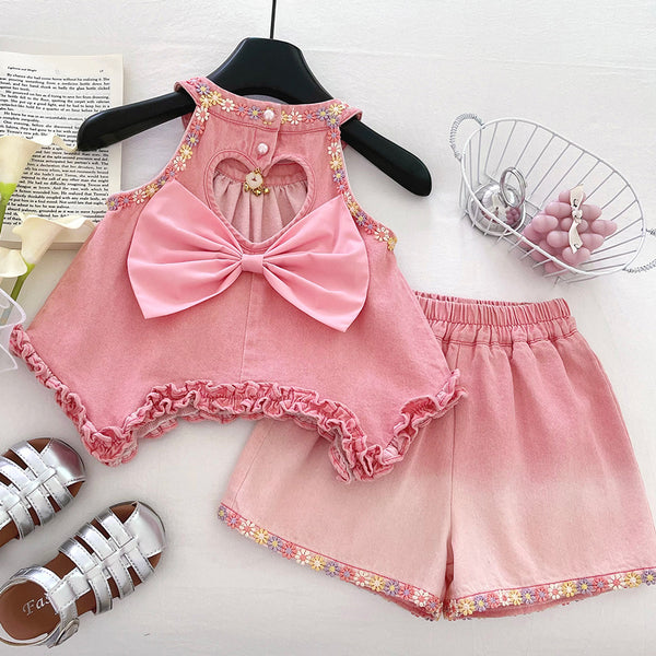 Girls Summer Bowknot Suspender Top Shorts Denim Two-Piece Set