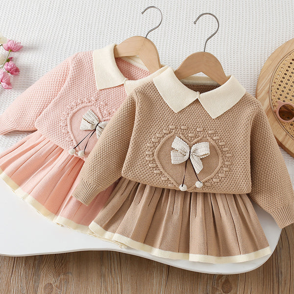 Girls' Solid Color Bow-knit Sweater Short Skirt Two-piece Set