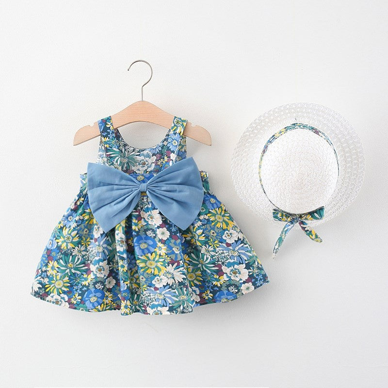 Marryshe - Girl Formal Dresses - Cute Baby Girl Beach Dress with Floral Straps and Bow, Blue / 6-12 Months (80cm) Marryshe - Girl Formal Dresses - Cute Baby Girl Beach Dress with Floral Straps and Bow, Blue / 6-12 Months (80cm)