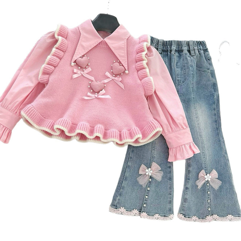 Girls' Autumn Heart Knitted Vest Shirt and Jeans Three-Piece Set