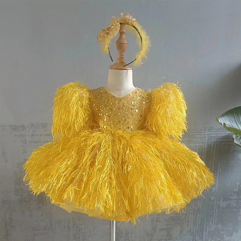 Baby Girl  Beauty Pageant Party Dress Toddler Fringed Gold Birthday Princess Dress