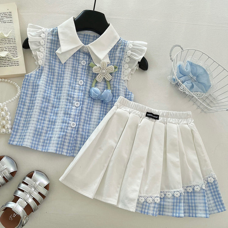 Girls Summer Plaid Flying Sleeve Shirt Pleated Skirt Two-piece Set