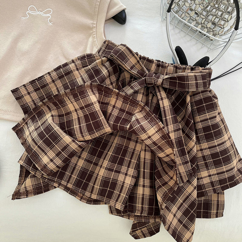 Girls' Summer Embroidered T-shirt Plaid Bow Irregular Skirt Two-piece Set