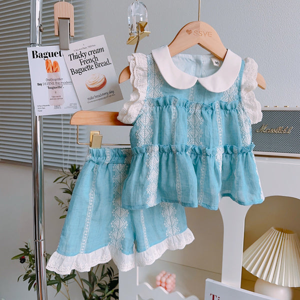 New Summer Girls' Doll Collar Dress Two Piece Set