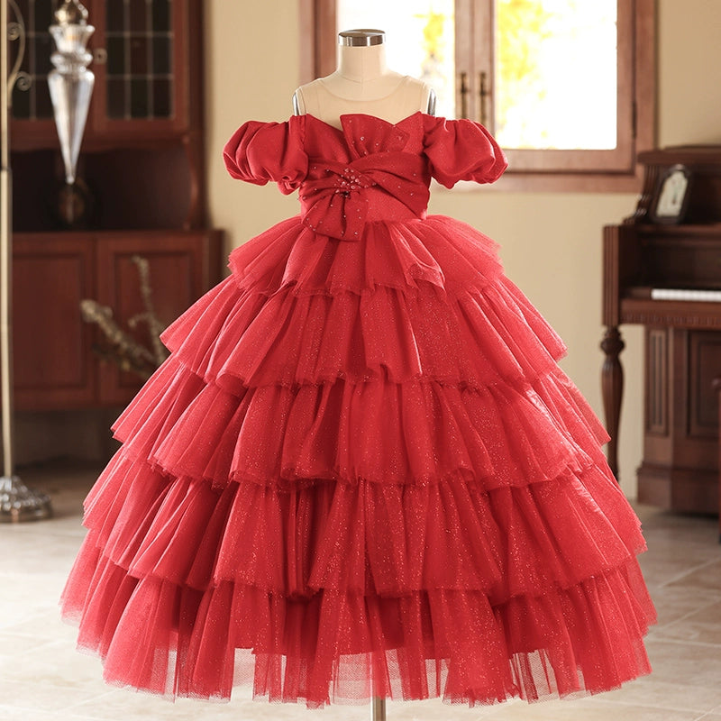 Red Girls Ball Dress Children's Birthday Puff Princess Dress