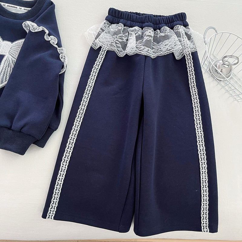 Girls' Round Neck Pullover Sweatshirt and Wide Leg Pants Two-piece Set