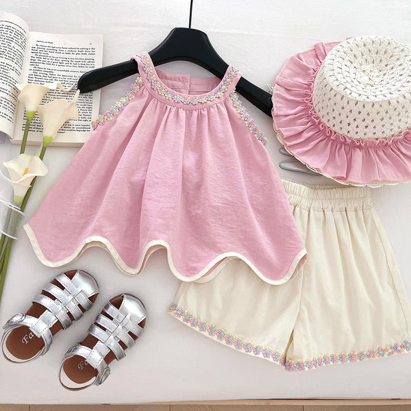 Girls' Hollow Bow Round Neck Sleeveless Top and Shorts Two-Piece Set