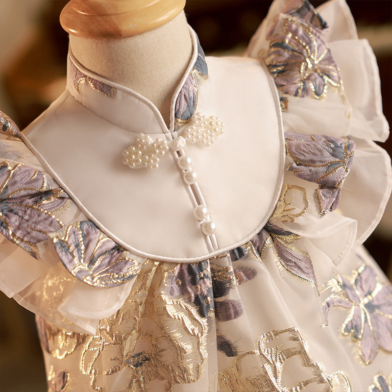 Elegant Baby Satin Jacquard Butterfly Sleeve Princess Dress Toddler Girls Pageant Dresses
