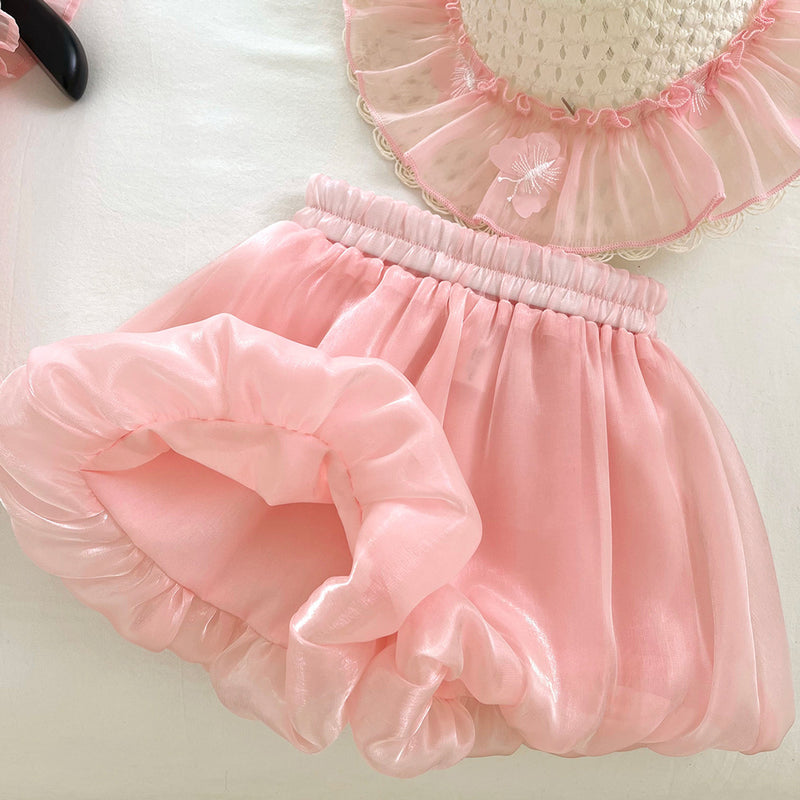 Girls Embroidered Fly Sleeve Top Flower Bud Shorts Two-piece Set