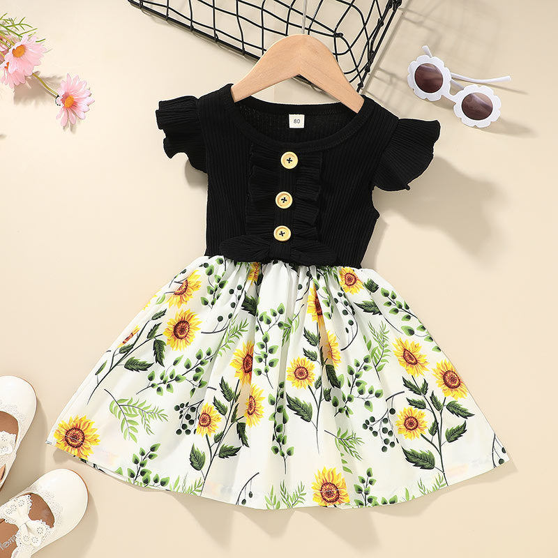 Summer Girls Flying Stitching Flower Print Dress