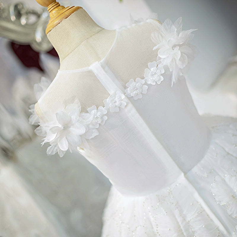 Girls Birthday Princess Dress White Flower Girl Wedding Puffy Dress