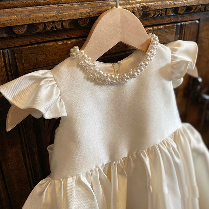 Toddler Prom Dress Girl Birthday Party Baptism Wedding Bowknot Bead Christening Dress