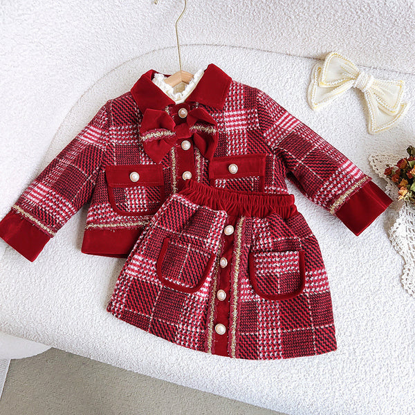 Girls' New Winter Tweed Jacket and Skirt Two-piece Suit