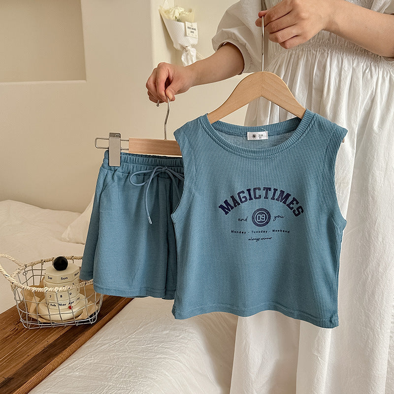 Girls Sleeveless Letter Printed Casual Waffle Two-Piece Suit