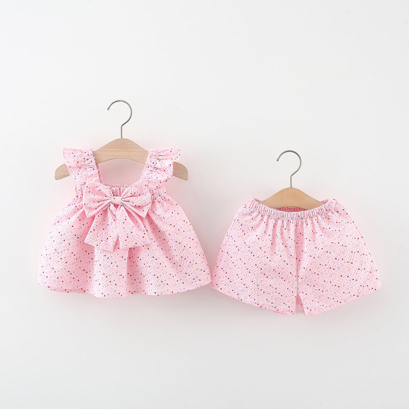 Baby Girls Cute Suit Girls Flying Sleeve Bowknot Dress Shorts Two-piece Suit