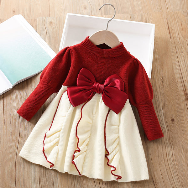 Girls Bow Knitted Long Sleeve Pullover Sweater