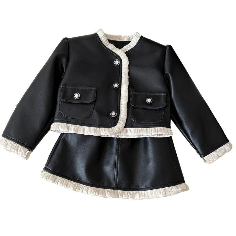 Girls Autumn Lace PU Leather Jacket Short Skirt Two-Piece Set