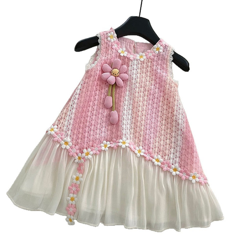 Girls' Sleeveless Summer New Hollow Flower Splicing Princess Dress