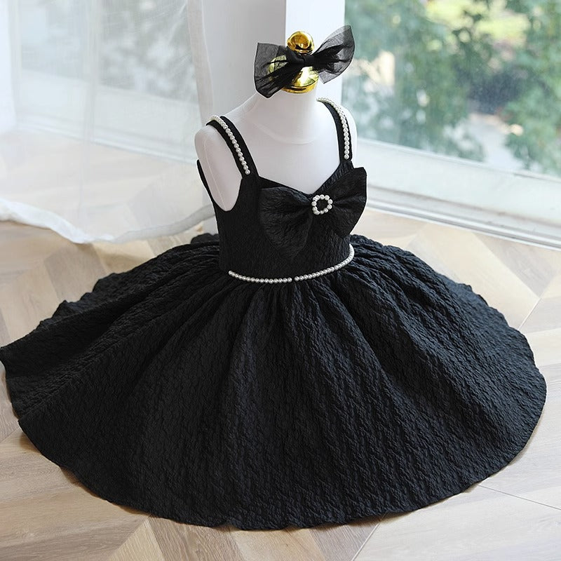 Baby Girl Dress Toddler Birthday Party Pageant Black Pearl Fluffy Sleeveless Dress
