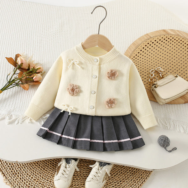 Girls' Flower Sweater Knitted Pleated Skirt Two-Piece Set