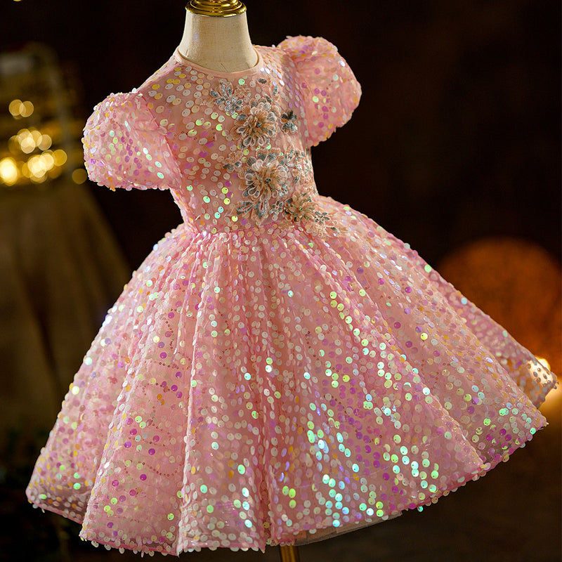 Baby Girl  Pink Sequins First Communion Dress Toddler Birthday Princess Dress