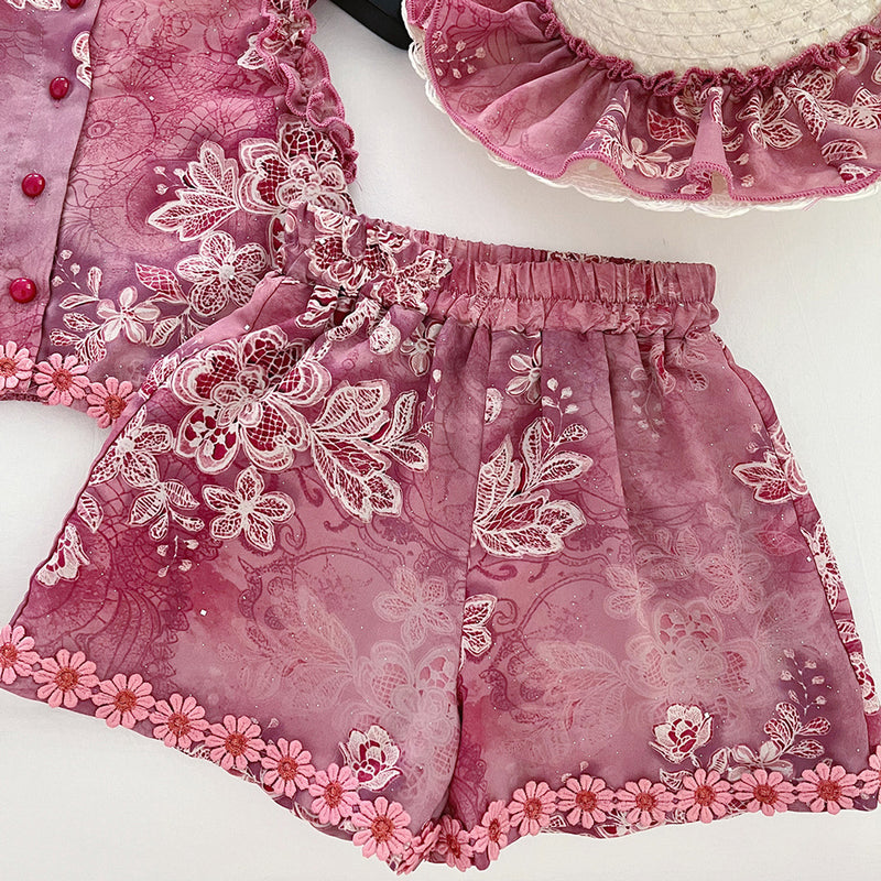 Girls Summer Hollow Bow Top Flower Shorts Two-Piece Set