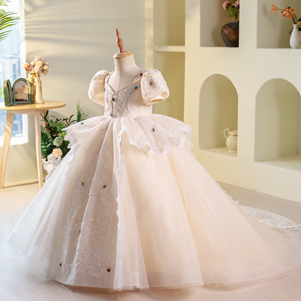 Elegant Baby Puff Sleeve Pattern Strappy Princess Dress Toddler's First Christening Dress