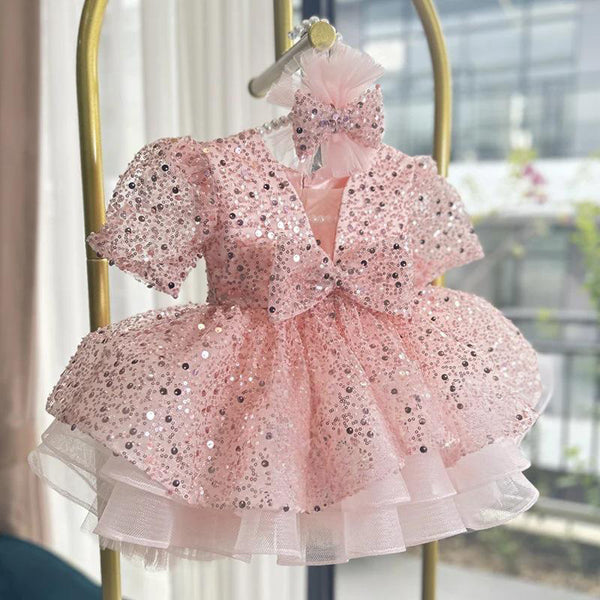 Girls Pink Party Dress Flower Girl Princess Dress Girls Sequin Birthday Dress