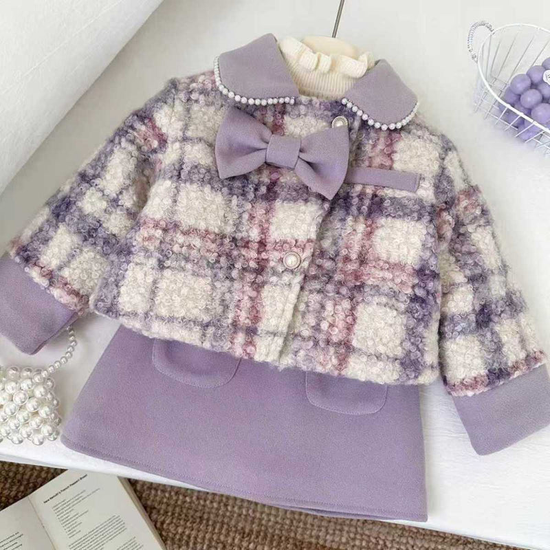 Girls' Winter Bow-Knot Plaid Jacket and Skirt Two-Piece Set