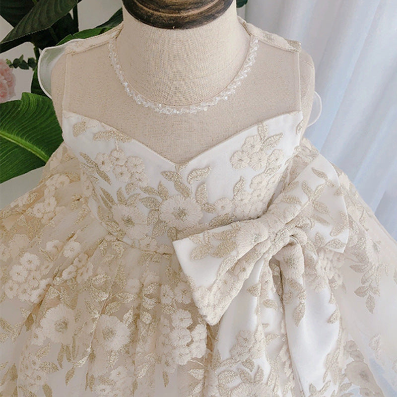 Elegant Baby Champagne Color Daisy Tube Top Bow Mesh Cake Dress Toddler Pageant Dresses