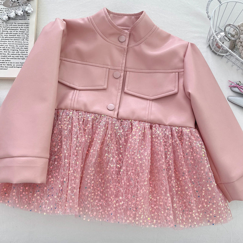 Girls' Autumn Sequined Mesh PU Leather Jacket