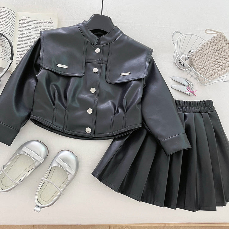 Girls' Autumn Soft PU Leather Short Skirt Two-Piece Set