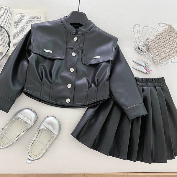 Girls' Autumn Soft PU Leather Short Skirt Two-Piece Set