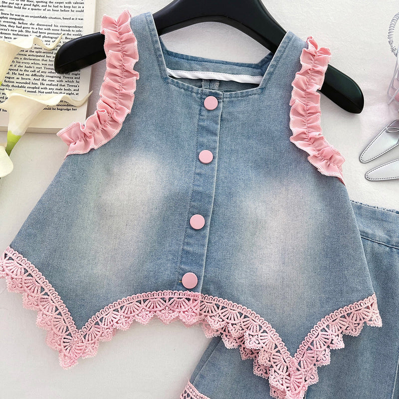 Girls' New Summer Lace Sleeveless Top Skirt Denim Two-piece Suit