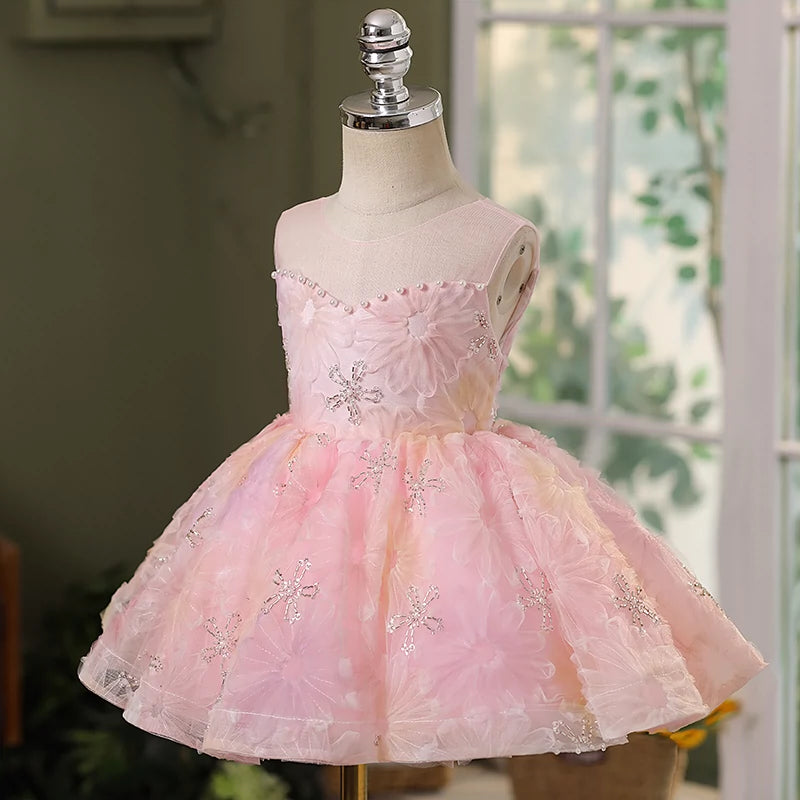 Elegant Baby Flower Sequin Dress Toddler Tube Top Puffy Birthday Dresses