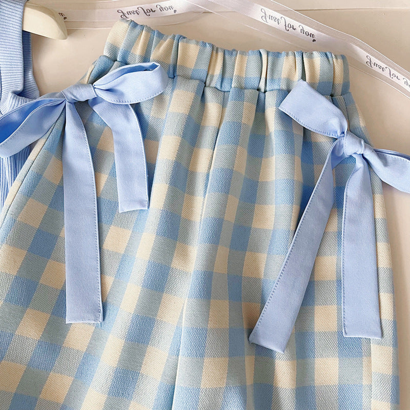 Girls Summer New Thin Top Plaid Pants Two-piece Suit